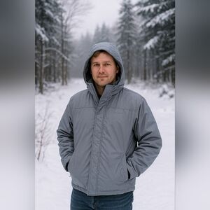 Basic Editions Men’s Gray Winter Coat Size Large Warm Hooded OuterwearWinter